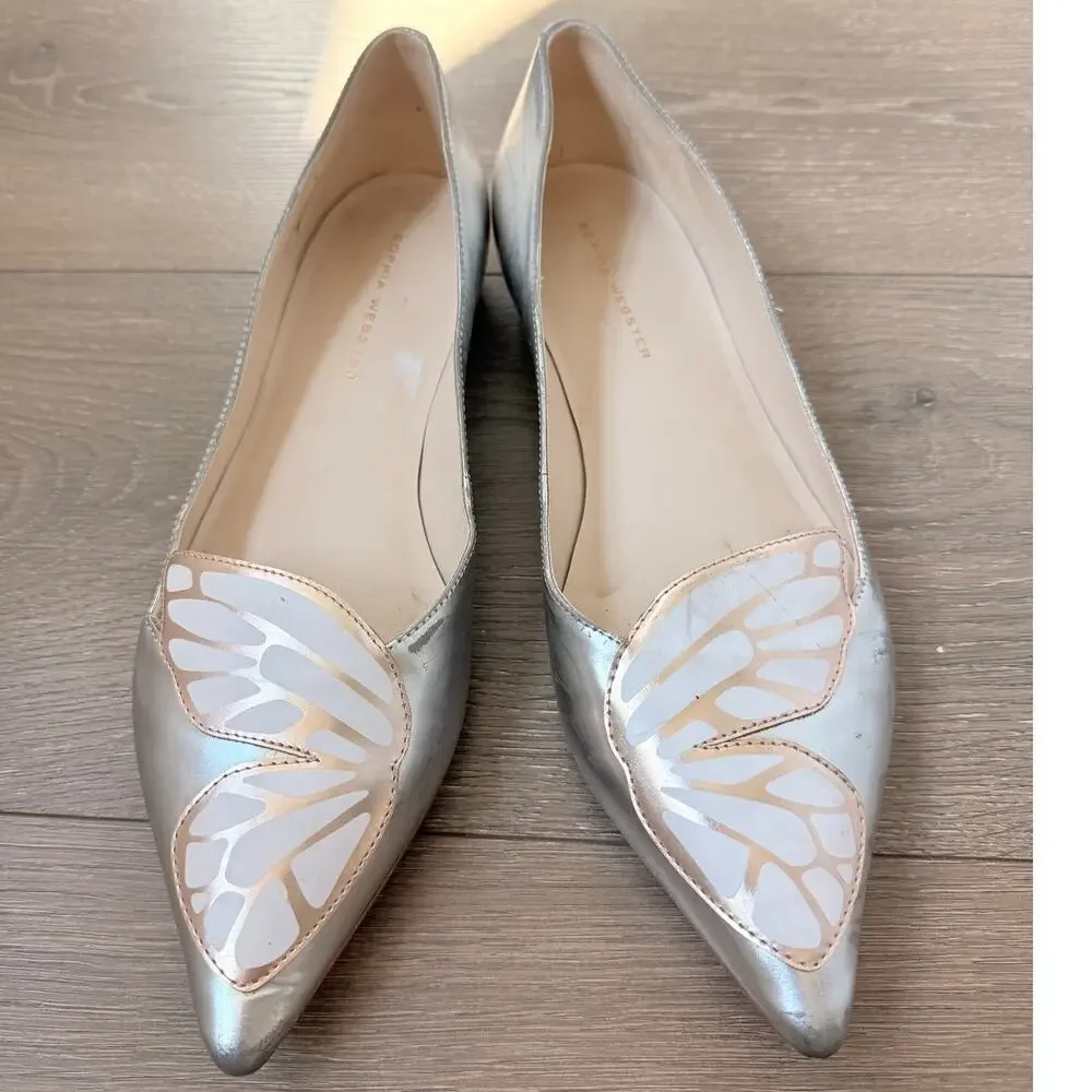 Sophia Webster Butterfly Flats Patent Leather Silver Point Toe Size 39 Whimsical